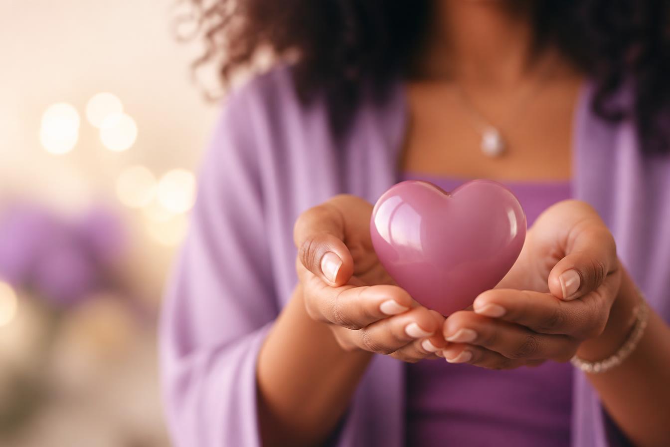 Mãos segurando um coração rosa, simbolizando cuidado e doação